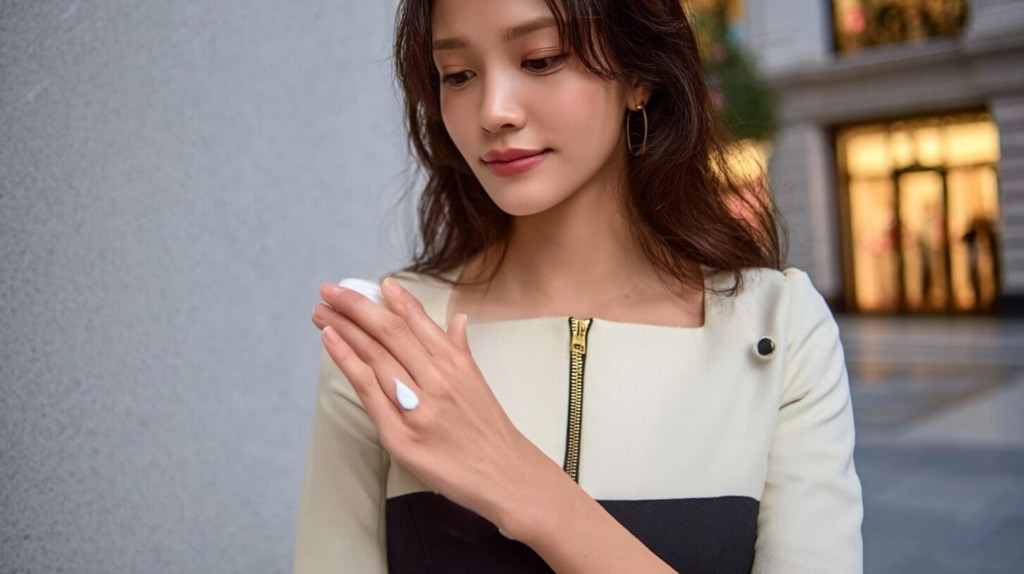 外出先でボディケアをする女性