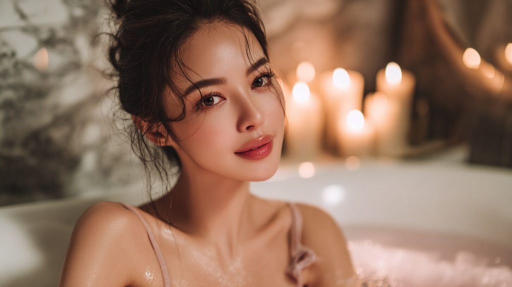 ボディケア中のツヤ肌の女性