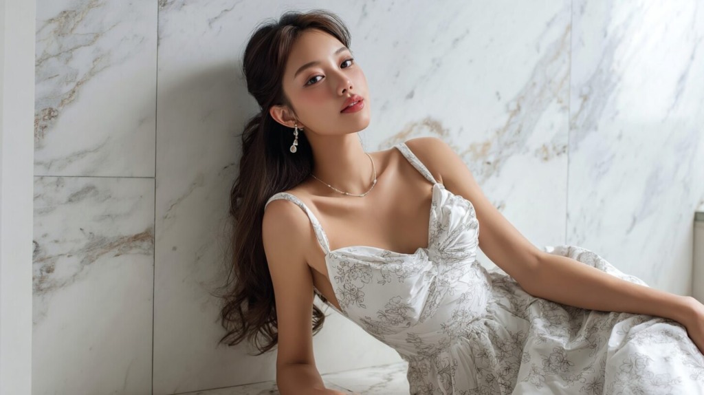 大理石の壁にもたれている女性