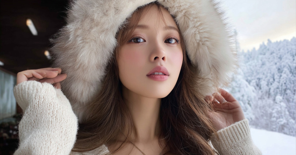 もこもこフードをかぶっている女性の画像