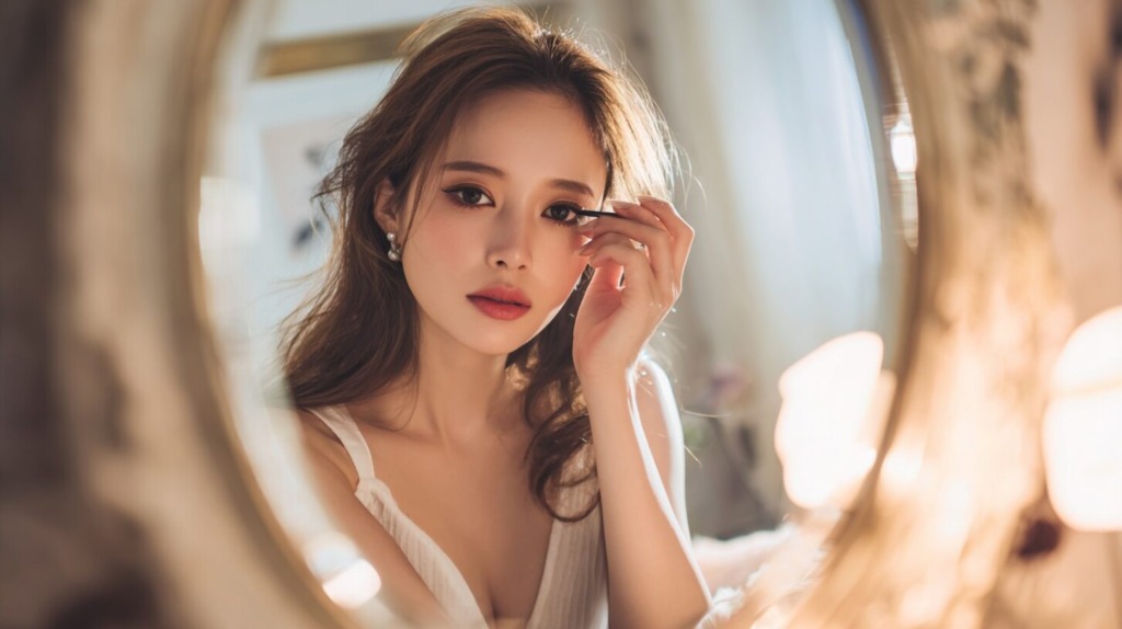 鏡越しにまつ毛に触れる女性