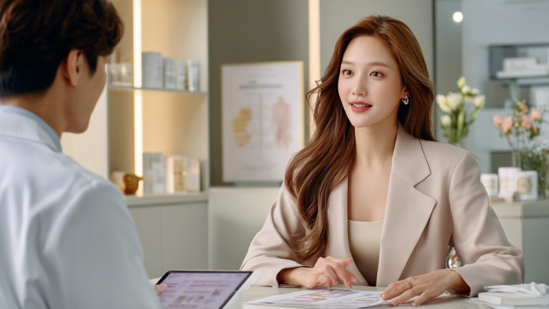 男性医師とカウンセリングする女性の画像