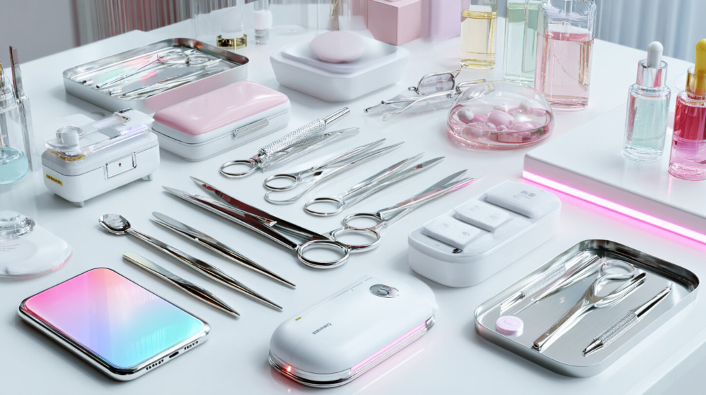 美容医療器具や医療器具が並んでいる画像