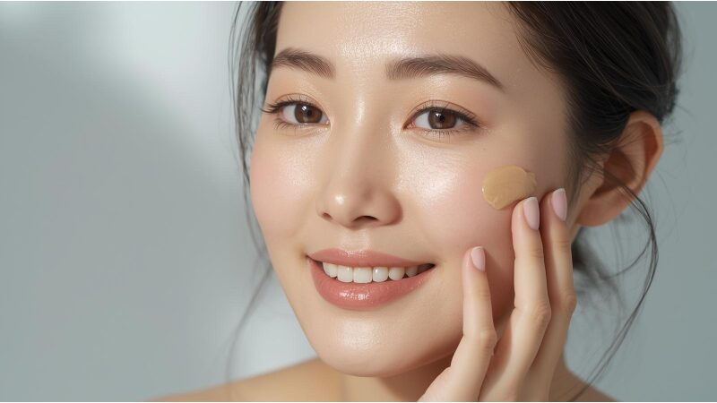 化粧下地を顔に塗る女性