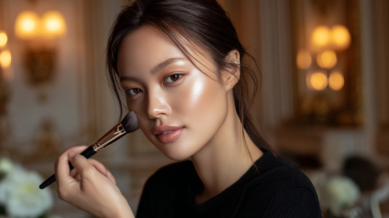 頬にブラシを当てている女性の画像