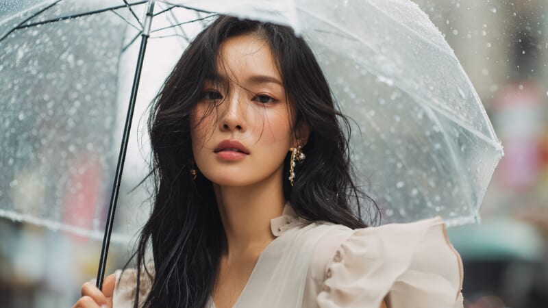 雨の中傘をさす黒髪の女性