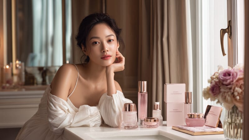 コスメ用品と並ぶ女性